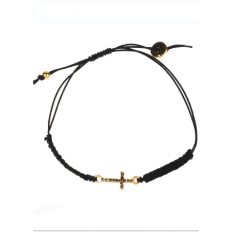 Bracelet grec ajustable en cordon tressé noire et croix en strass noirs