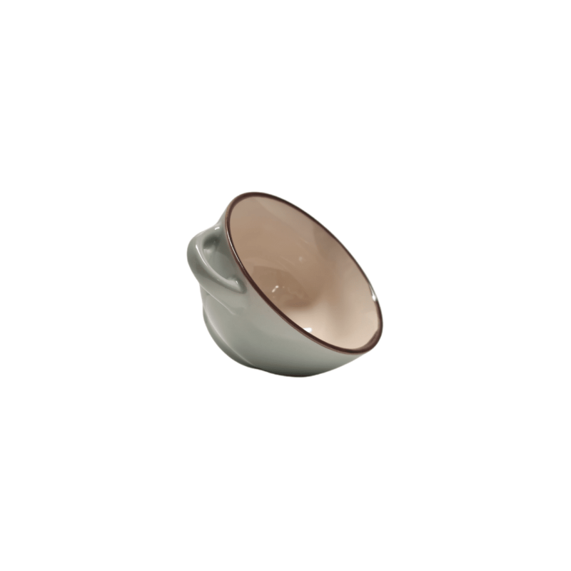 Bol céramique bleu/beige liseré marron avec 2 poignées 10.8/14.5x6 cm