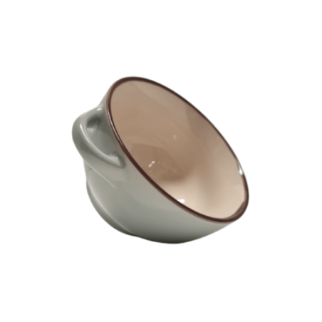 Bol céramique bleu/beige liseré marron avec 2 poignées 10.8/14.5x6 cm