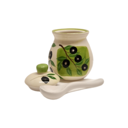 Pot céramique avec cuillère décor olives 7.5x10 cm