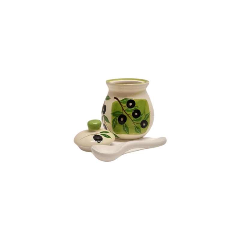 Pot céramique avec cuillère décor olives 7.5x10 cm