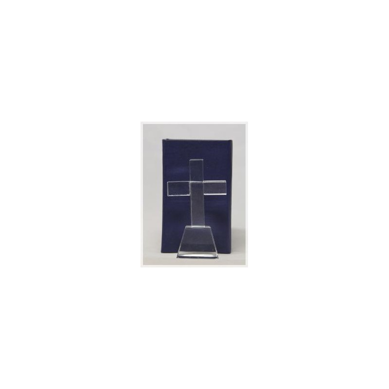 Croix en verre transparent et sa boîte luxe en bleu Dimensions : 10X6cm