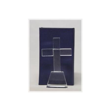 Croix en verre transparent et sa boîte luxe en bleu Dimensions : 10X6cm