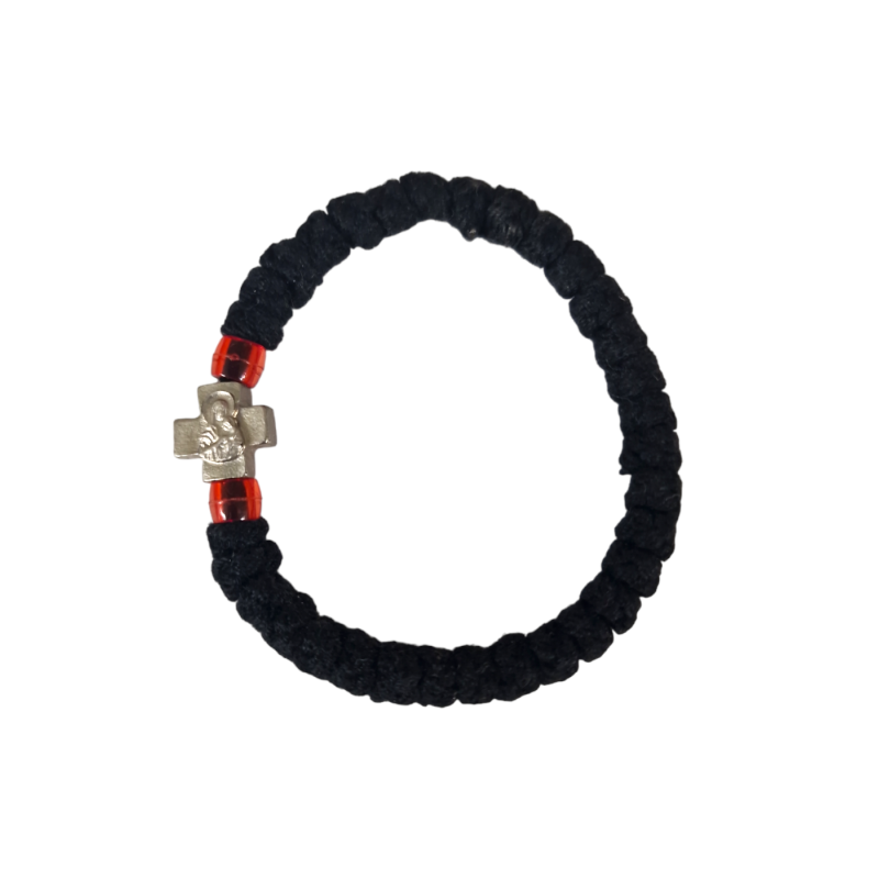 Chapelet en bracelet avec 2 perles rouges et une petite croix 100% en coton