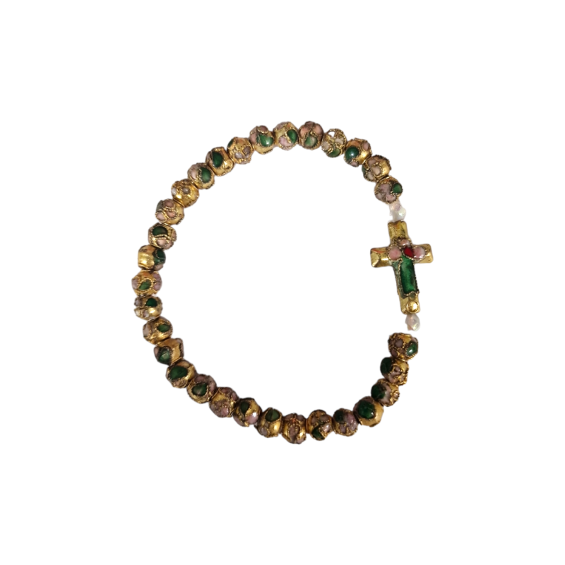 Bracelet avec perles colorées et dorées, orné d'une croix fleurie
