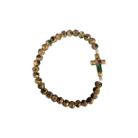Bracelet avec perles colorées et dorées, orné d'une croix fleurie