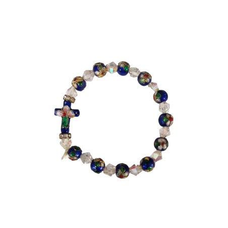 Bracelet avec perles bleues et transparentes, motifs floraux, et une petite croix bleue