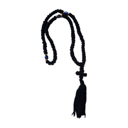 Chapelet à 100 noeuds noir avec 3 perles bleues et croix