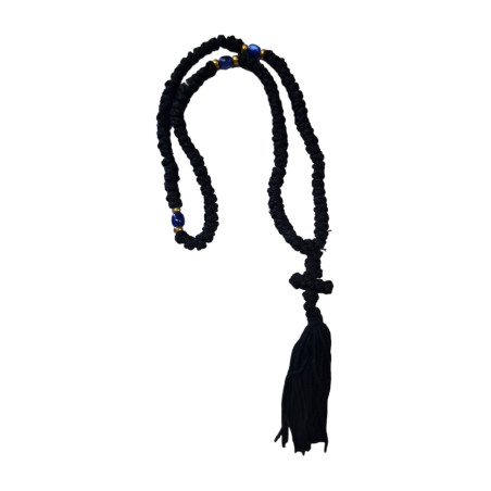 Chapelet à 100 noeuds noir avec 3 perles bleues et croix