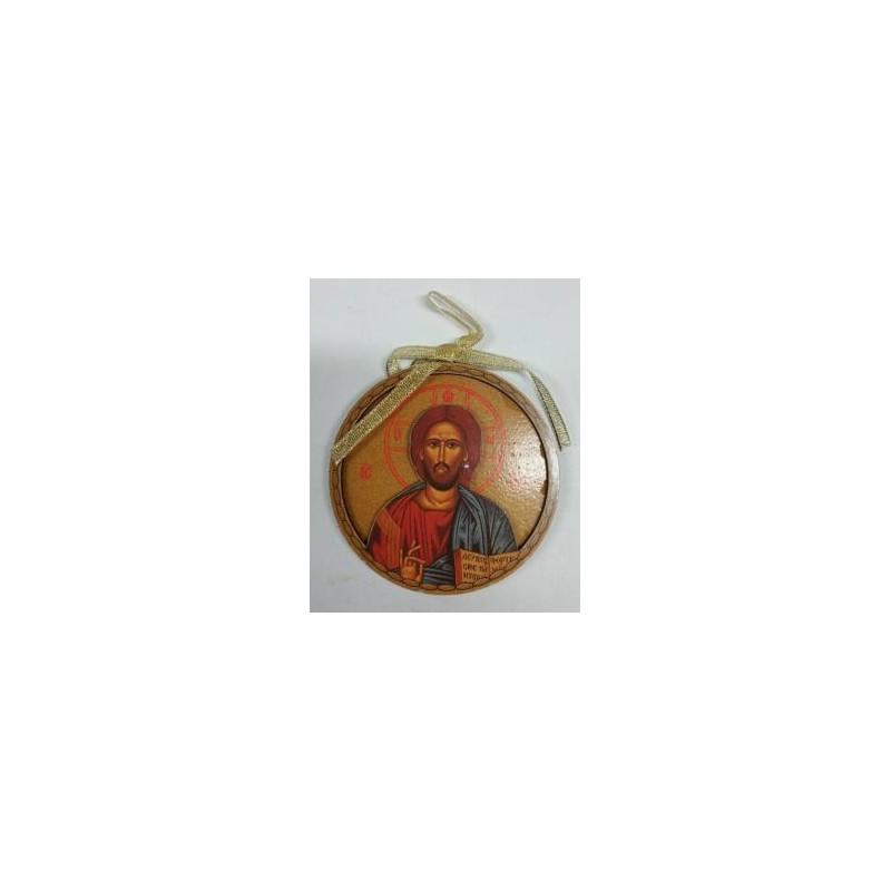 Magnet religieux rond en bois Jésus 9 cm diamètre