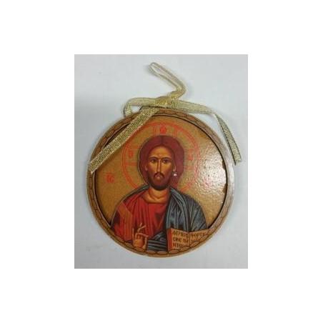 Magnet religieux rond en bois Jésus 9 cm diamètre