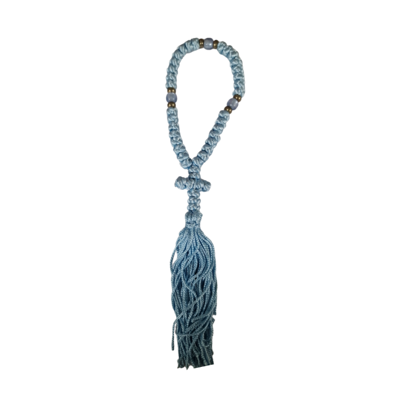 Chapelet de 35 nœuds bleu ciel avec 3 perles