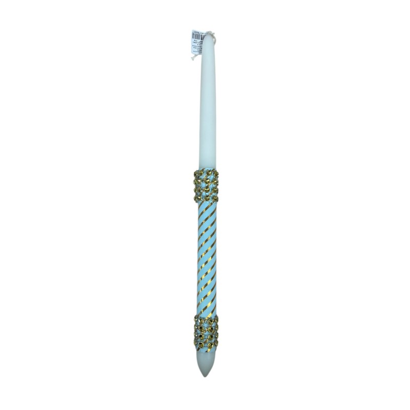 Bougie de Pâques décorée de tissu bleu et doré avec strass dorés – Lambada 42 cm