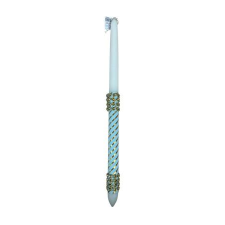 Bougie de Pâques décorée de tissu bleu et doré avec strass dorés – Lambada 42 cm