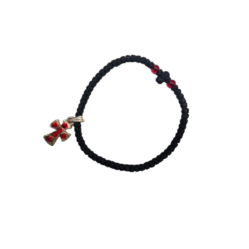 Bracelet-chapelet avec 2 perles rouges et un croix en argent et rouge