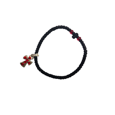 Bracelet-chapelet avec 2 perles rouges et un croix en argent et rouge