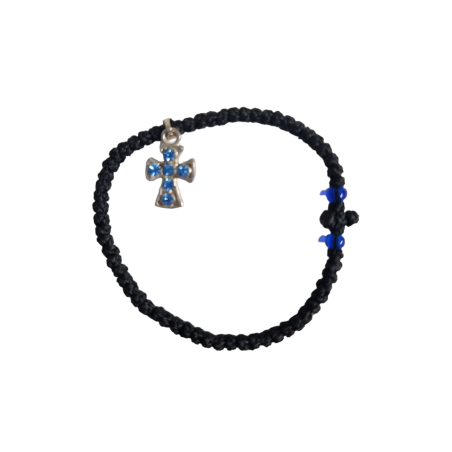 Bracelet-chapelet avec une croix argentée et 2 perles bleues