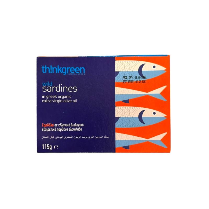 Sardines grecques de la mer Égée, à l'huile d'olive BIO THINKGREEN 115 g Sardines grecques de la mer Égée, à l'huile d'olive BIO THINKGREEN 115 g