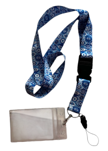 Porte-badge avec lanière motif œil grec bleu