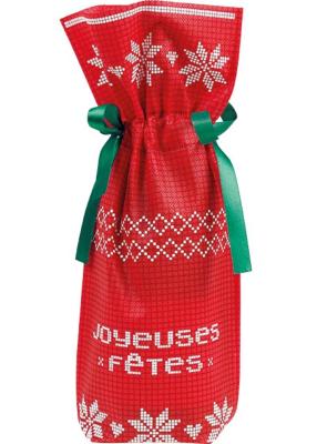 Sac intissé rouge pour vin " Joueuses Noël" avec son ruban saint vert 16x35cm