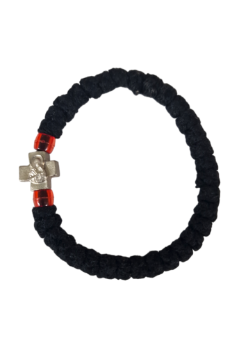 Chapelet en bracelet avec 2 perles rouges et une petite croix 100% en coton