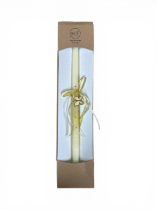 Bougie de Pâques fait main écru avec papillon et paillettes et sa pochette en carton 34 cm