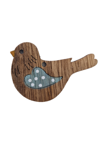 Oiseau en bois naturel avec une touche de bleu ciel 5 x 4 cm et un trou à accrocher