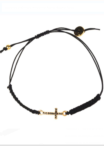 Bracelet grec ajustable en cordon tressé noire et croix en strass noirs
