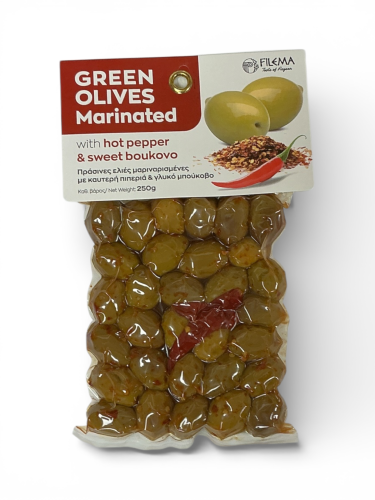 Olives grecques vertes Atlas marinées piment fort et boukovo doux FILEMA 250 g