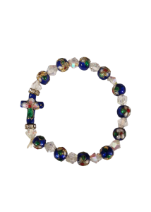 Bracelet avec perles bleues et transparentes, motifs floraux, et une petite croix bleue
