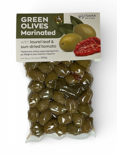 Olives grecques vertes Atlas marinées tomate séchée et feuille de laurier FILEMA 250 g