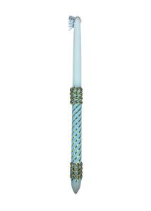 Bougie de P�ques d�cor�e de tissu bleu et dor� avec strass dor�s � Lambada 42 cm