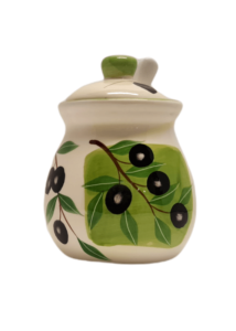Pot céramique avec cuillère décor olives 7.5x10 cm