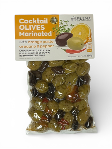 Olives grecques vertes et Kalamata marinées orange origan et poivre FILEMA 250 g