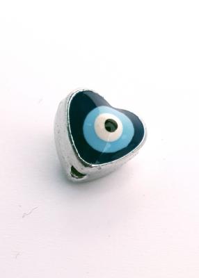 Perle mauvais œil émaillé en cœur métal argent  8 mm