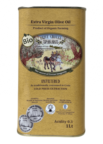  Huile d'olive extra vierge BIO 0.3 acidité AOP MESSARA SPANAKIS en bidon 1 l