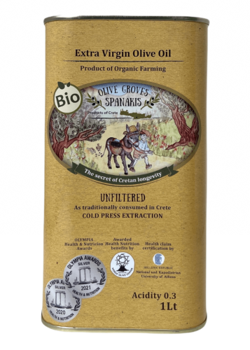 Huile d'olive extra vierge BIO 0.3 acidité AOP MESSARA SPANAKIS en bidon 1 l