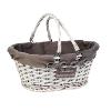 Panier ovale osier/bois coloris gris/tissu et broderie anses rabattables 42x32x1