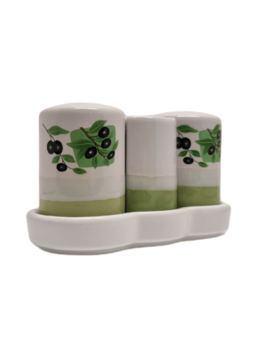 Duo sel/ poivre et porte piques céramique sur plateau décor olives 12,5x5,5x7 cm