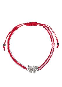 Bracelet tressé rouge-blanc avec un papillon argenté ajustable - Martaki