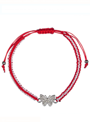 Bracelet tressé rouge-blanc avec un papillon argenté ajustable - Martaki