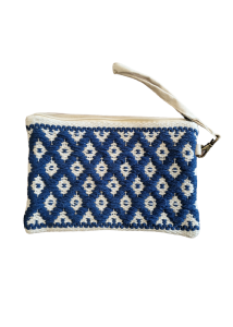 Pochette bohme tisse bleue et beige RIZES, 17x25 cm