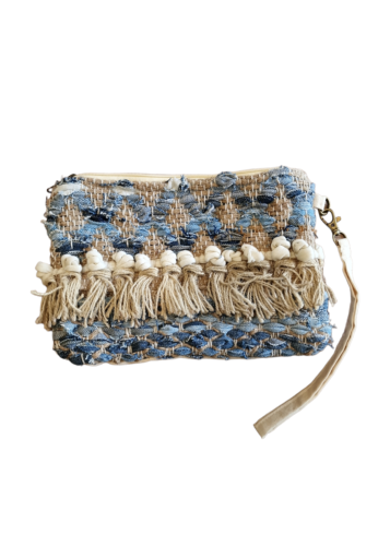 Pochette en jute et coton bleu et beige RIZES 17X25 cm