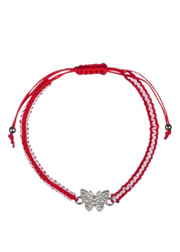 Bracelet tressé rouge-blanc avec un papillon argenté ajustable - Martaki