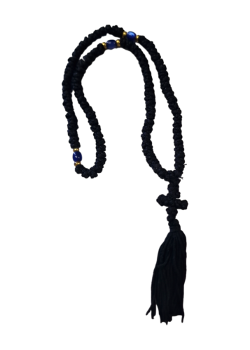 Chapelet à 100 noeuds noir avec 3 perles bleues et croix