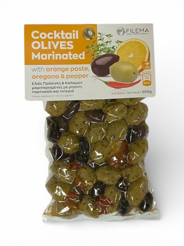 Olives grecques vertes et Kalamata marinées orange origan et poivre FILEMA 250 g