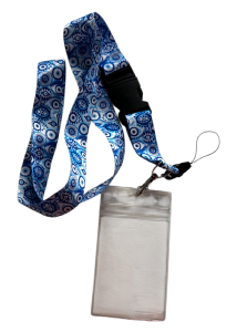 Porte-badge avec lanière motif œil grec bleu